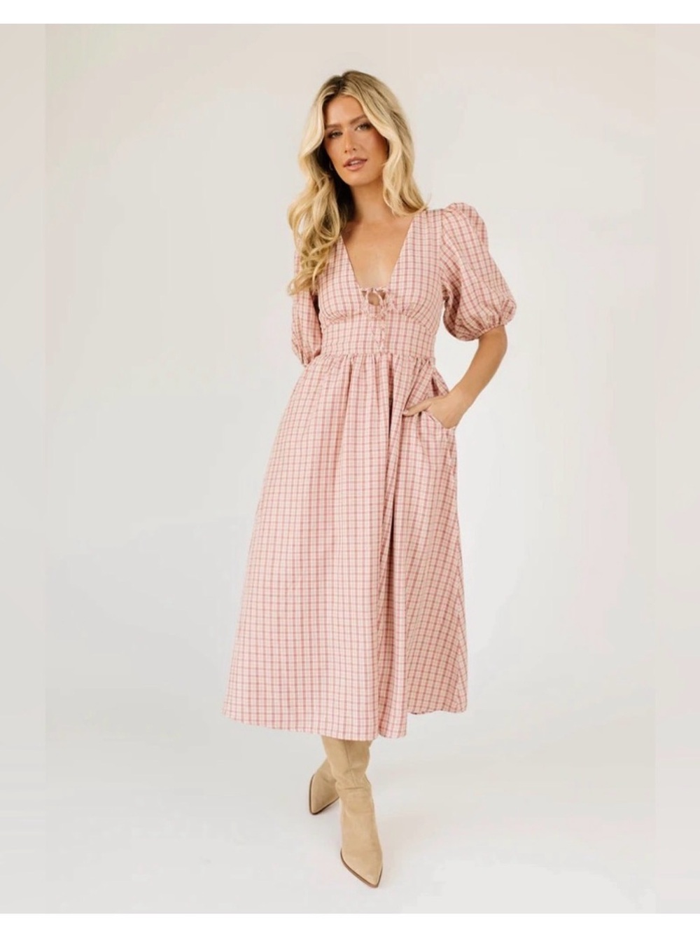 Pink Checked Midi Dress with Deep V and Puff Sleeves